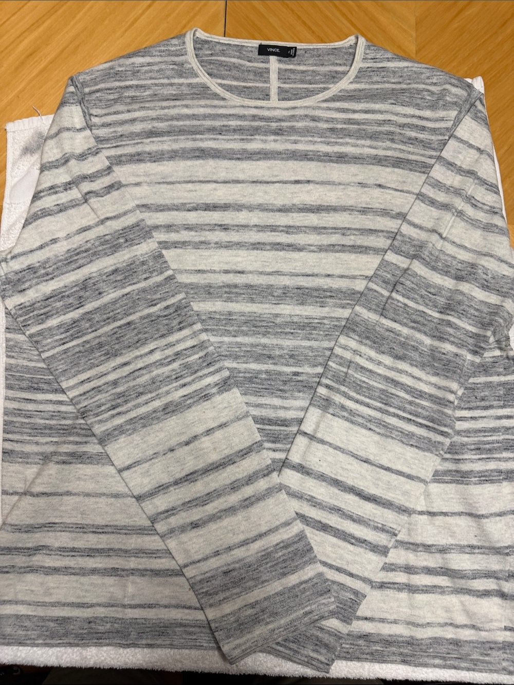Vince Gray & White Striped Crewneck Sweater